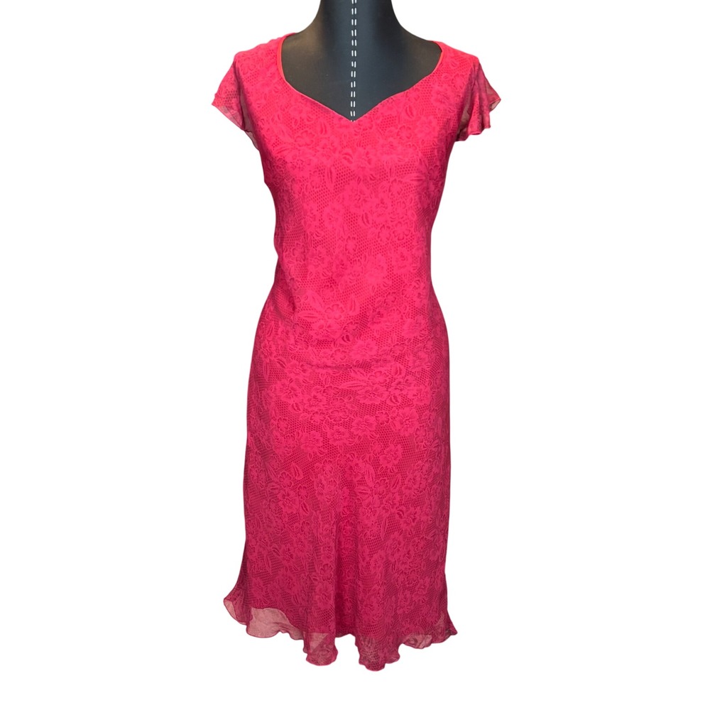 Vintage Romantic V Neck Cap Sleeve Midi Dress Women Size 12 Red Floral